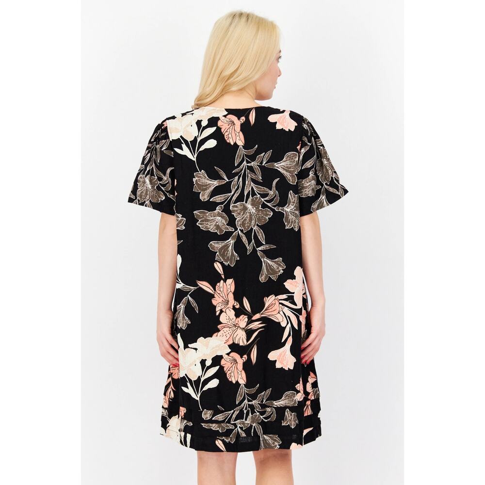 Nicole Miller Linen Blend Floral Short Sleeve Dress Size XL NEW Black Multi - Picture 4 of 9